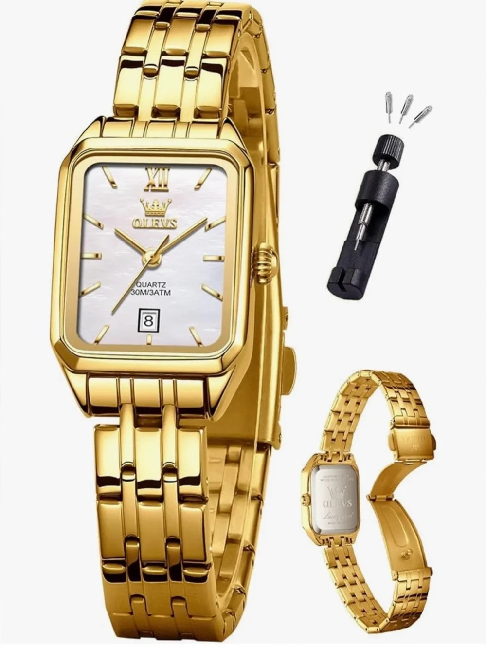 OLEVS Women Gold Rectangular Quartz Watch Mother of Pearl Dial Date Display NWT